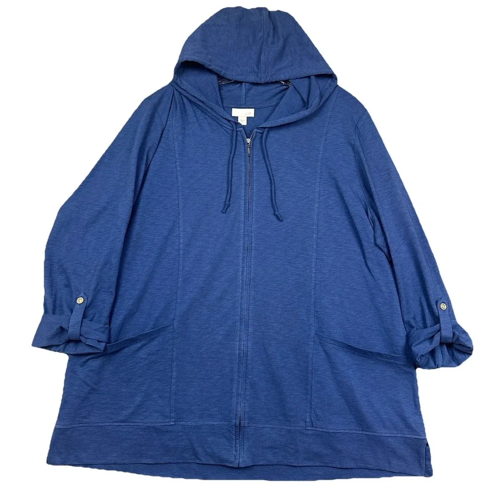 J Jill Hooded Jacket Women's‎ XL Blue Slouchy Pockets Roll Tab Sleeves Full Zip